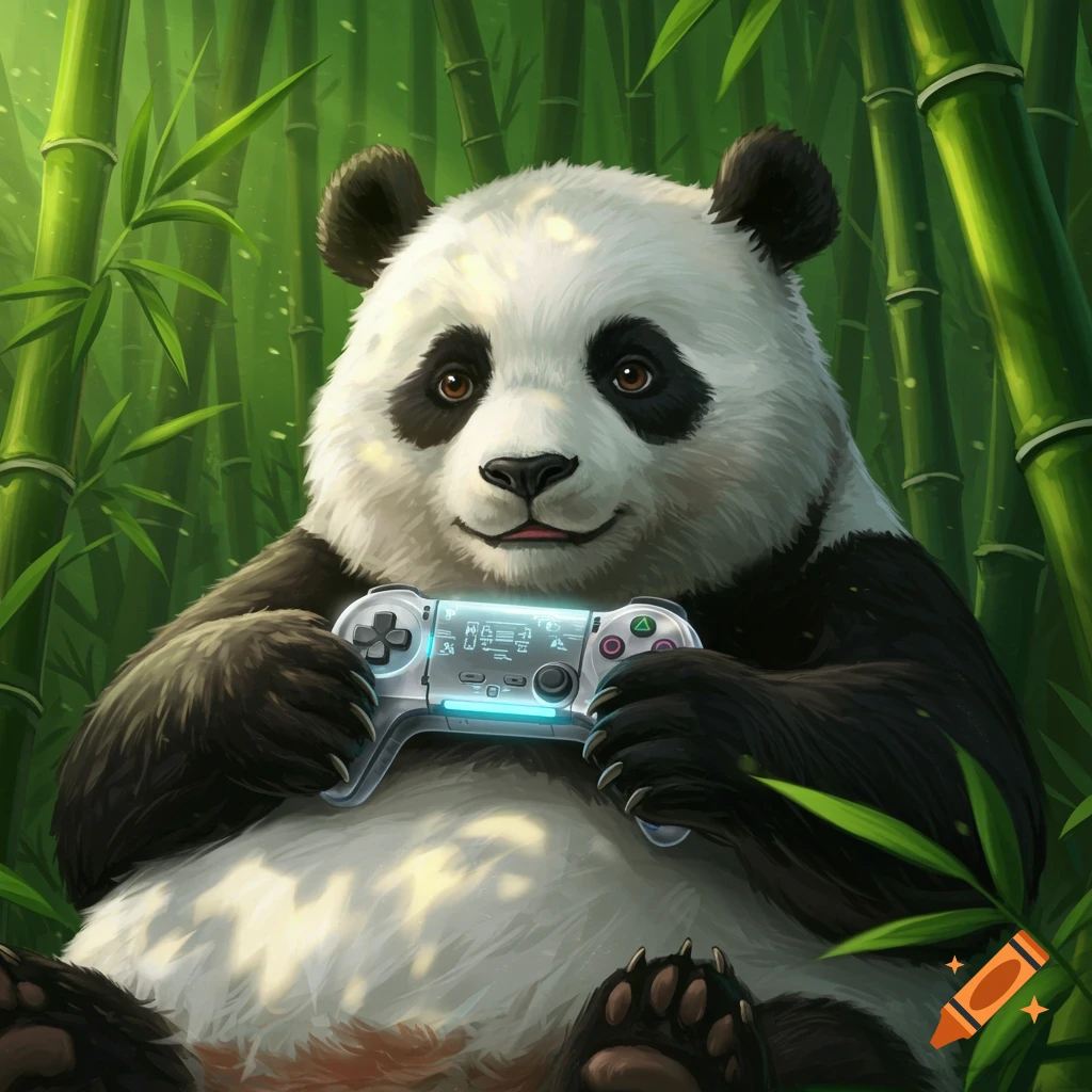 A cute cartoon panda holding a futuristic white and blue video game controller, sitting in a lush bamboo forest.