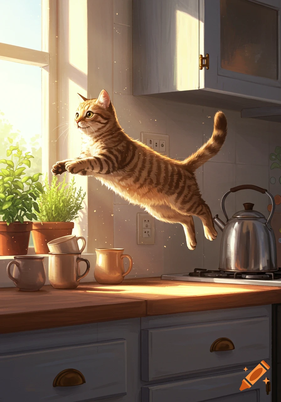A cute tabby cat jumps gracefully over a kitchen counter with potted plants and mugs, bathed in sunny light.