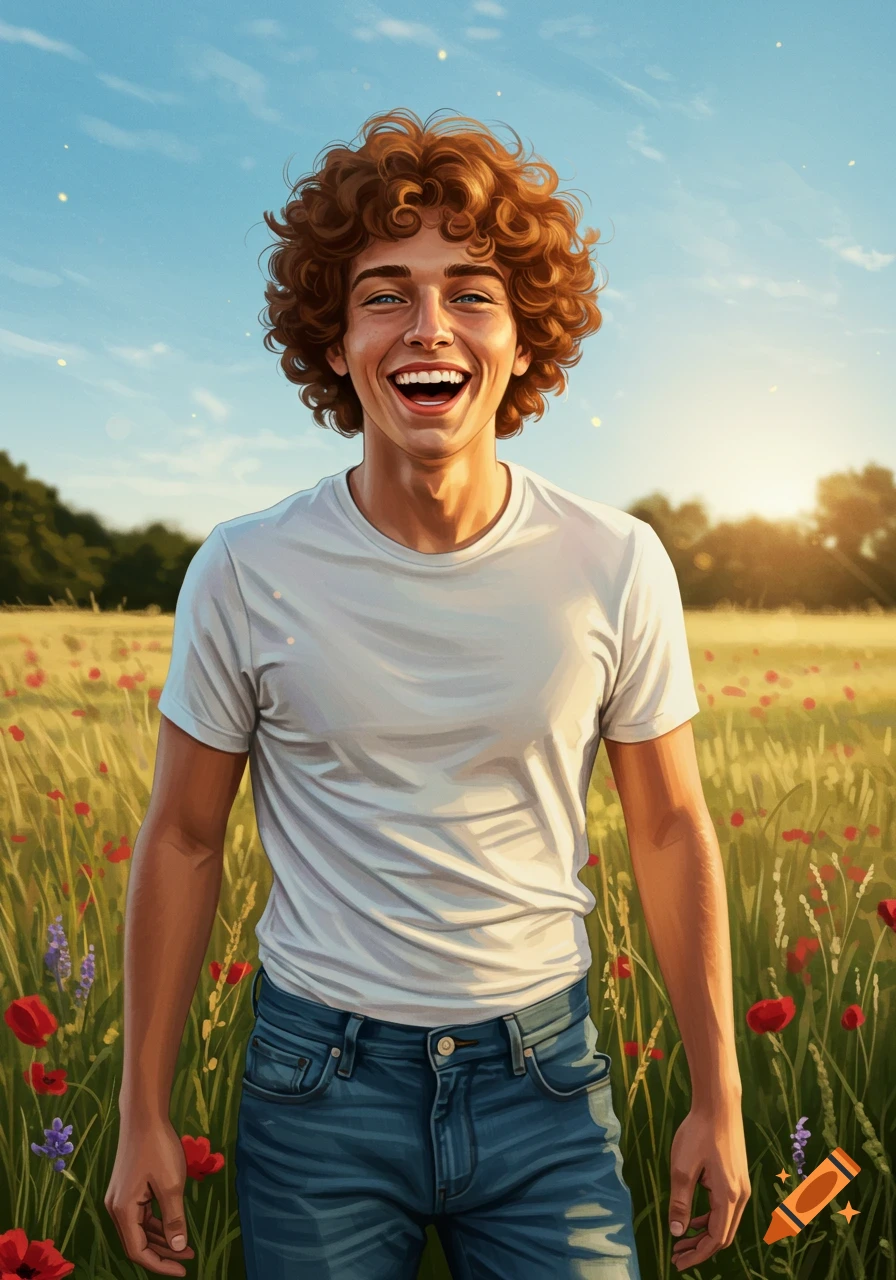 A smiling young man with curly red hair in a poppy field on a sunny day.