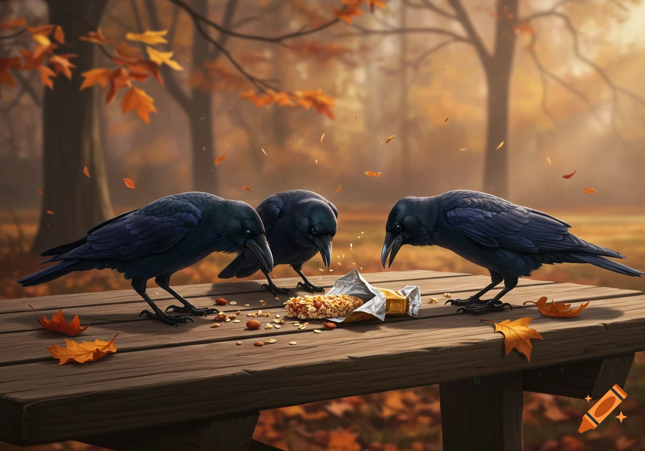 Three dark crows peck at a granola bar and nuts on a wooden picnic table amidst falling autumn leaves in a sunlit park.