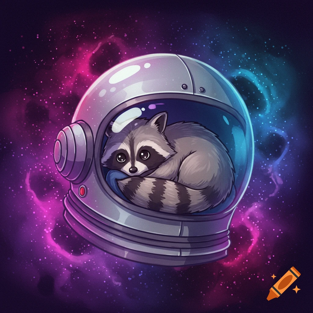 A cute cartoon raccoon curled up inside a silver space helmet, against a purple and blue galaxy background.