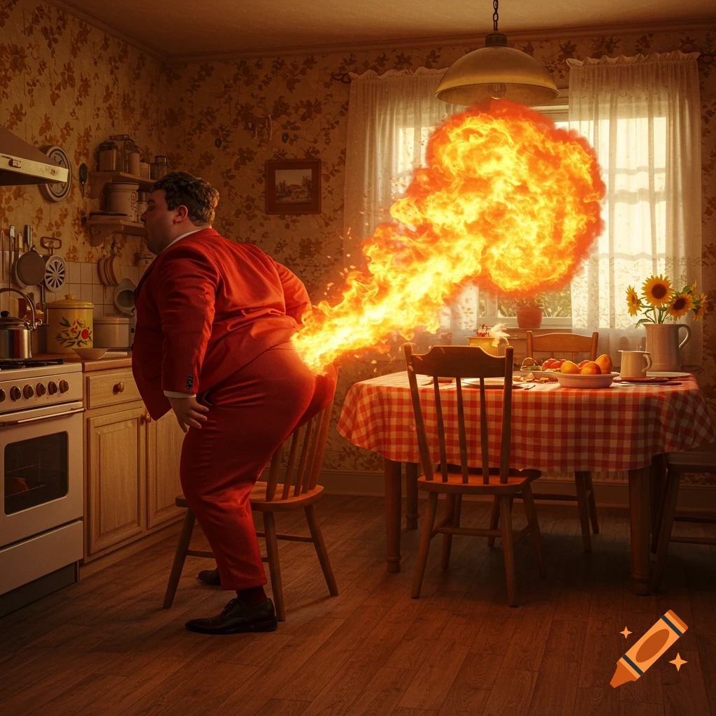A large man in a red suit farts a huge fire burst in a vintage-style kitchen.