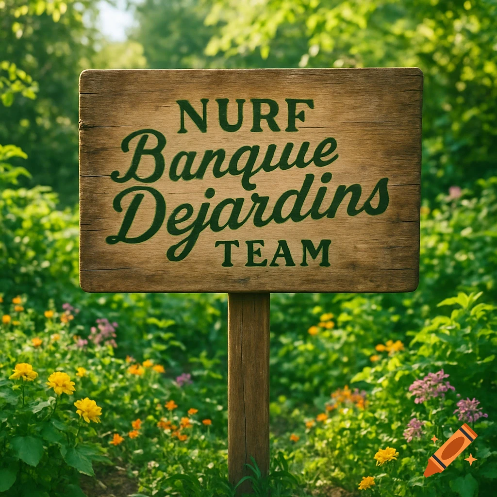 A rustic wooden sign with green text 'NURF Banque Dejardins TEAM' in a sunlit garden with flowers.