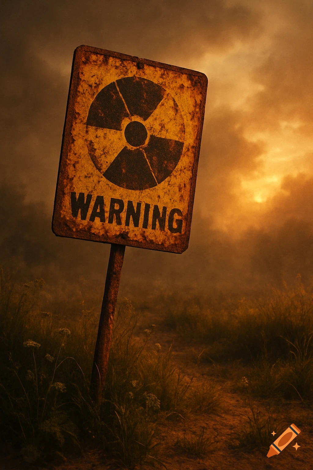 A rusty, vintage warning sign with a black nuclear symbol and the word 'WARNING' against a hazy, orange-brown sky.
