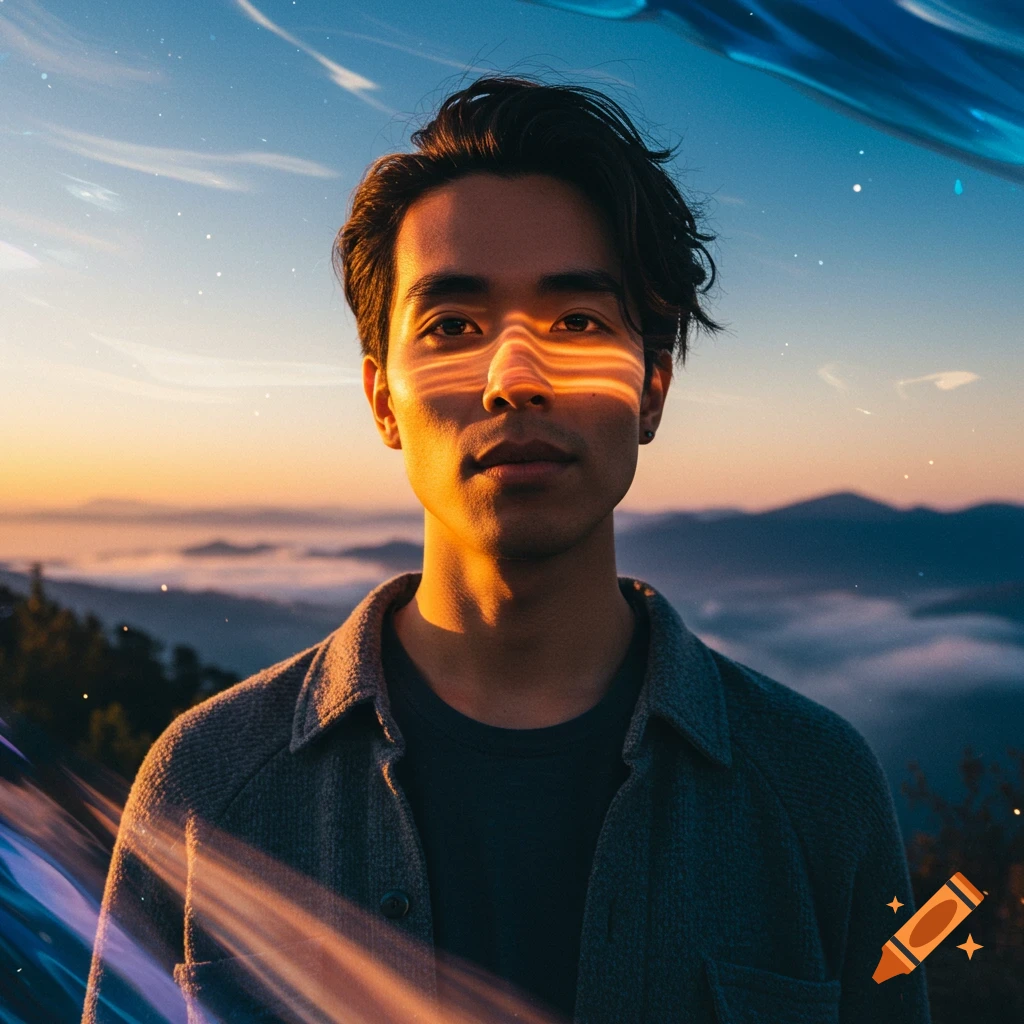 Young man with orange light streaks on his face, standing at sunset over misty mountains with abstract light effects.