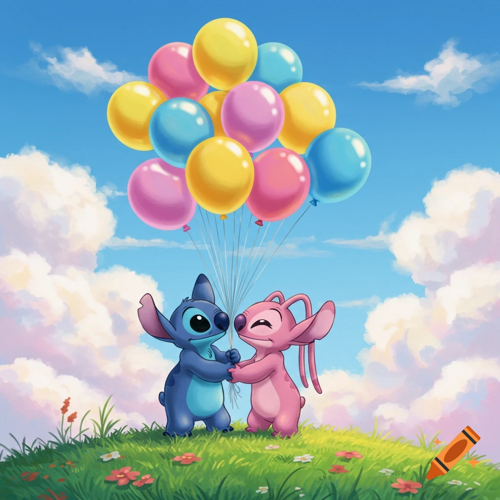 Stitch and Angel holding a large bunch of colorful balloons in a grassy field under a bright blue sky with clouds, in a cheerful cartoon style.