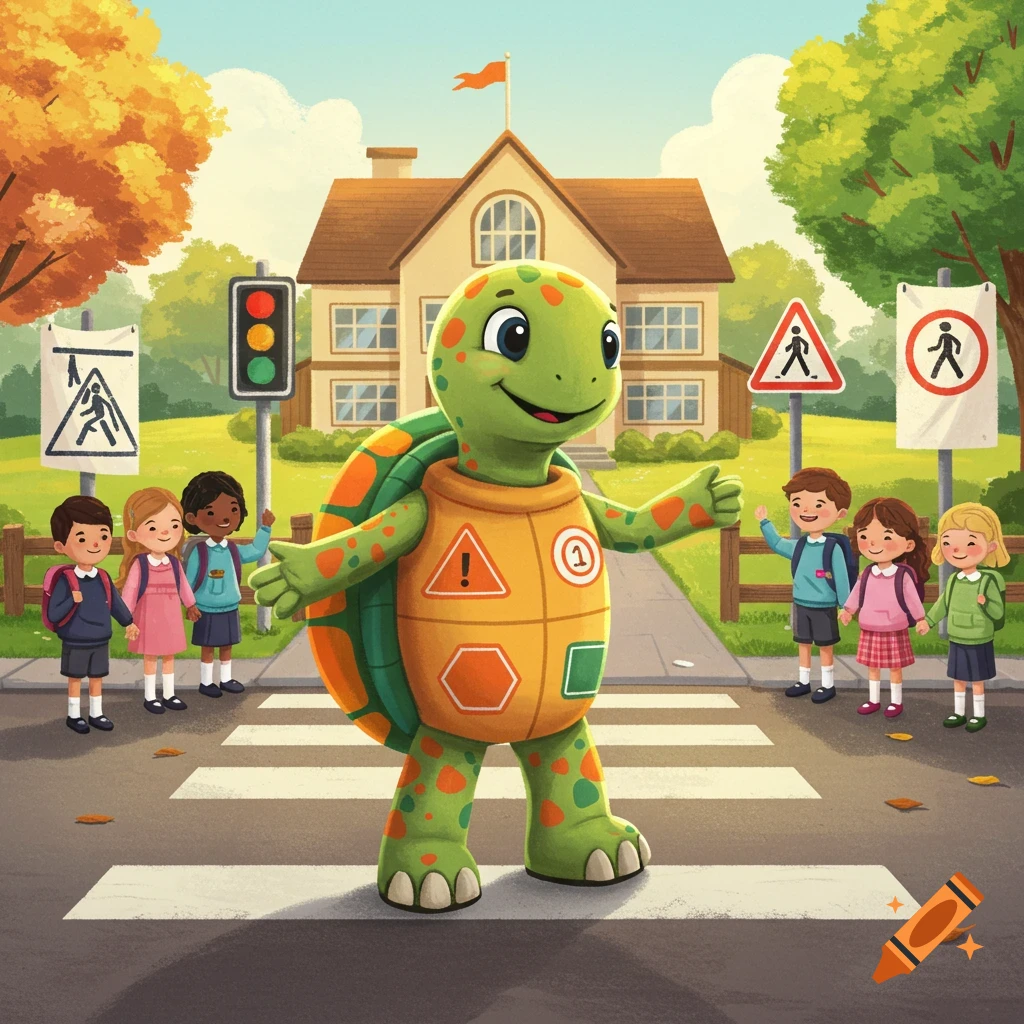 A friendly green turtle mascot stands on a crosswalk with children, in front of a school, promoting road safety.