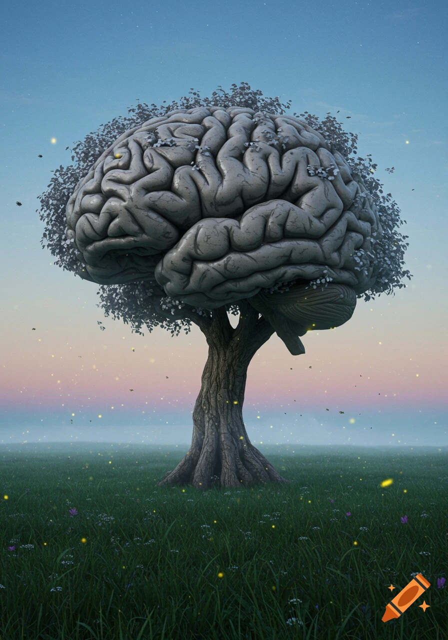 A surreal tree with a human brain for its canopy stands in a field with glowing fireflies under a twilight sky.