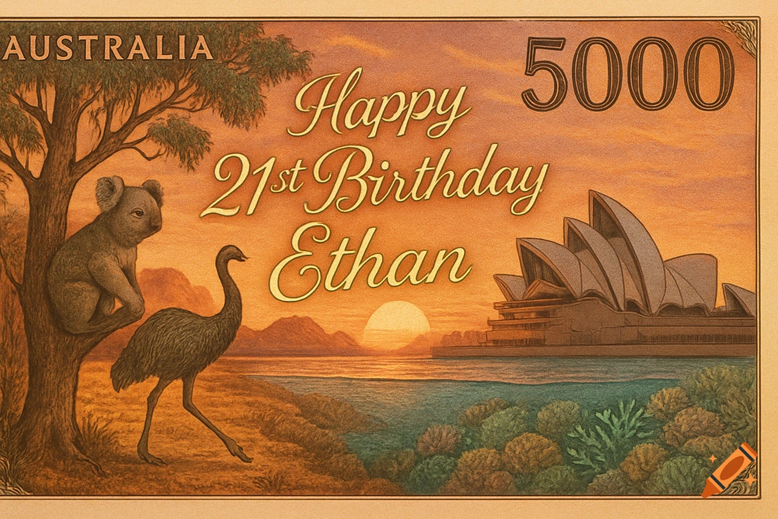 An illustrated Australian $5000 note with a koala, emu, Sydney Opera House, and 'Happy 21st Birthday Ethan' text.