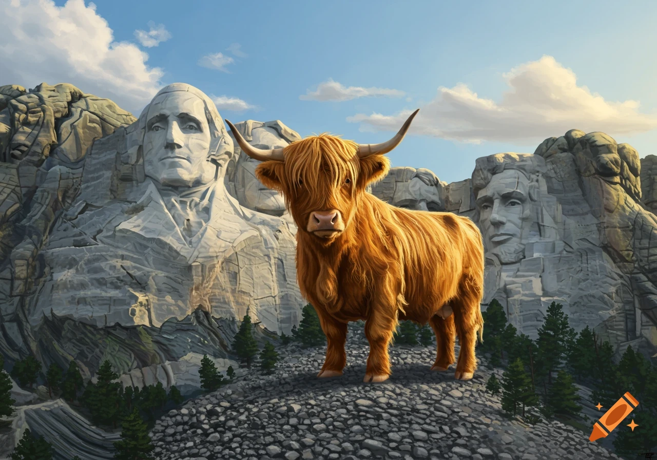 A shaggy brown Highland cow stands on a rocky hill in front of the carved faces of Mount Rushmore under a blue sky.