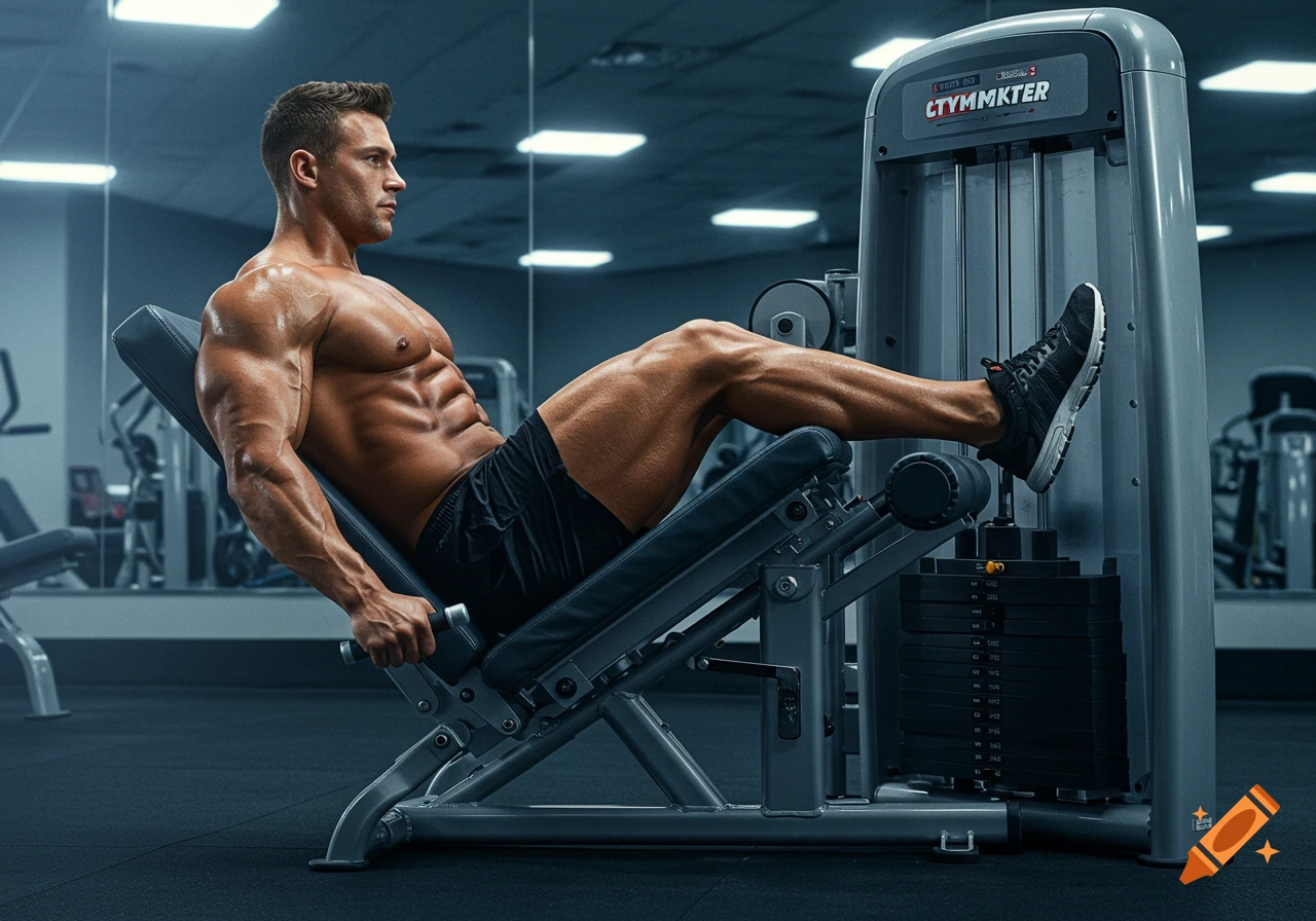 A muscular man performs leg presses on a machine in a gym.
