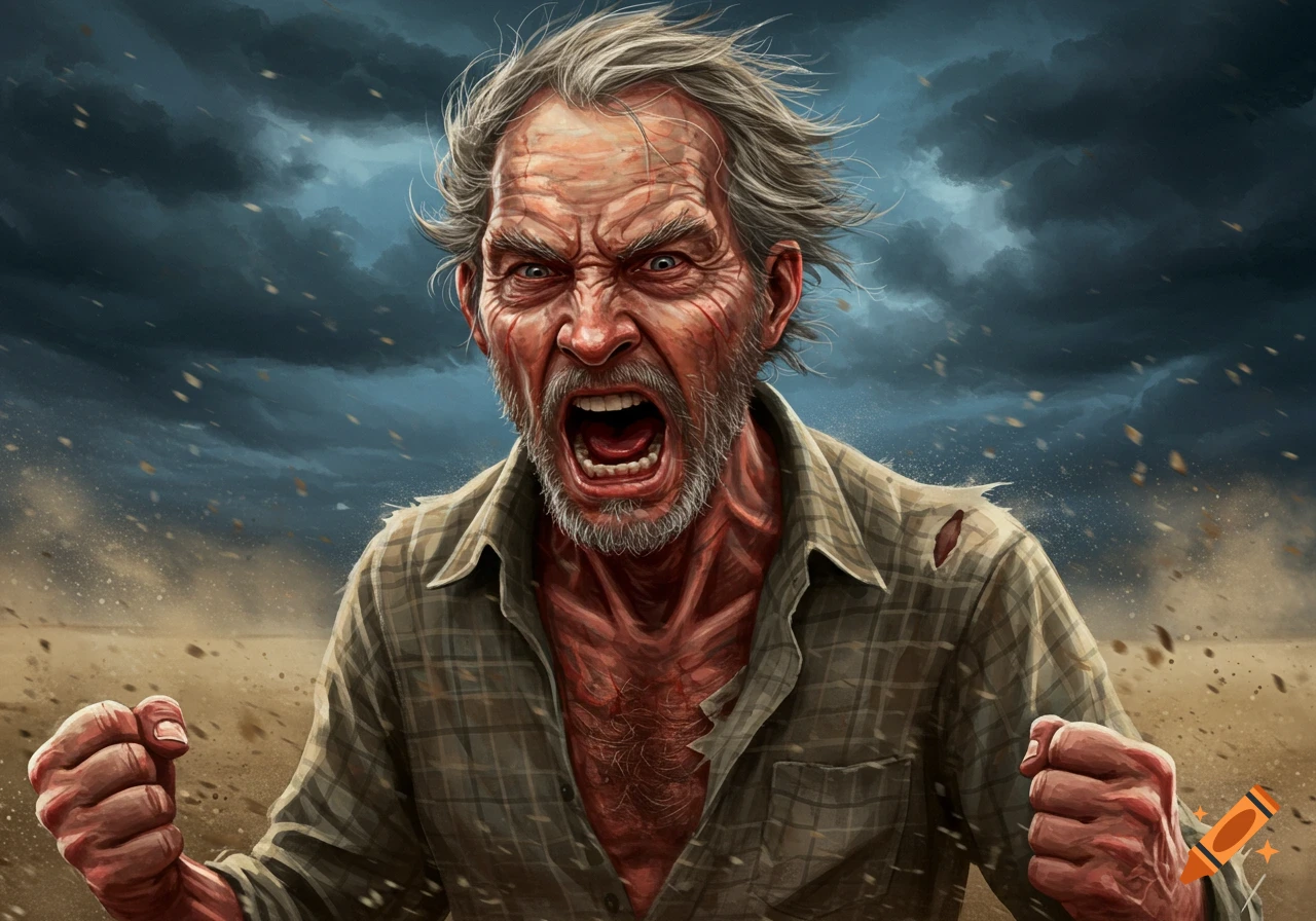 An old man with grey hair and a torn shirt screams in rage against a ...