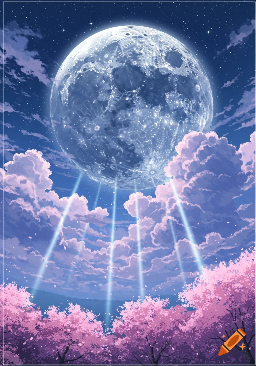 Anime landscape featuring a large, bright moon in a starry night sky above vibrant pink cherry blossom trees with light rays.