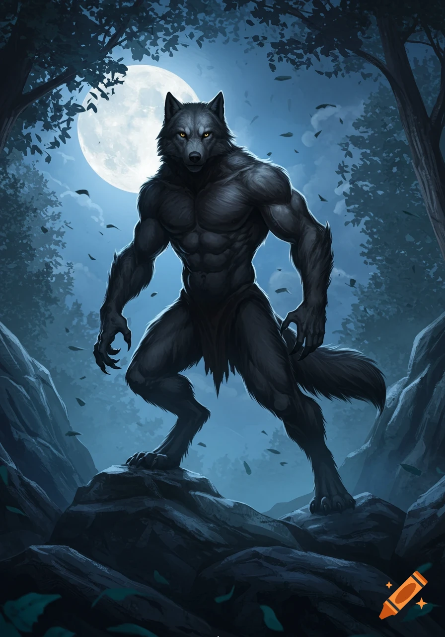 A muscular gray werewolf stands on rocks in a dark forest under a full moon, in an illustration.