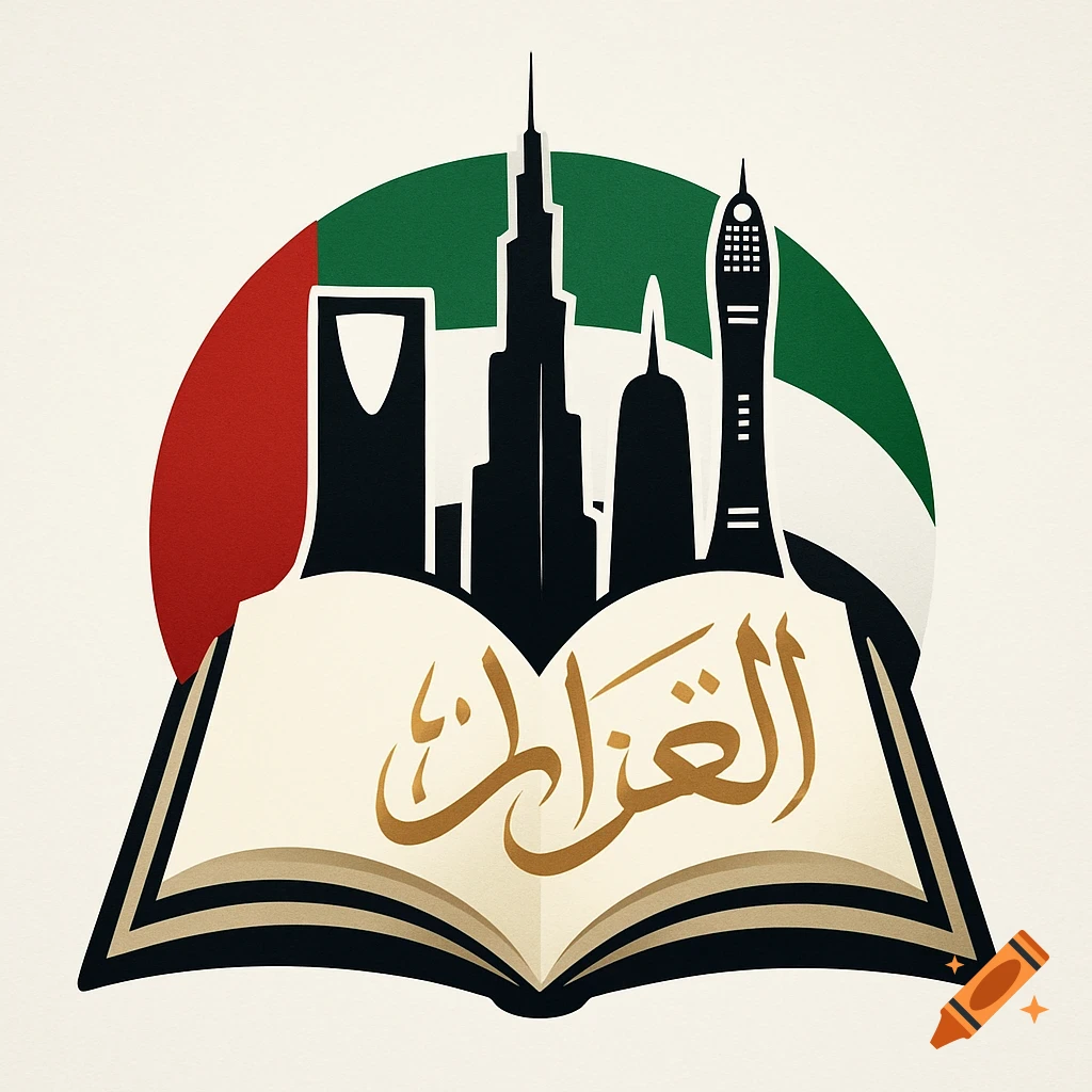 Stylized logo featuring an open book with Arabic calligraphy for 'Reading', backed by black silhouettes of skyscrapers and the UAE flag.