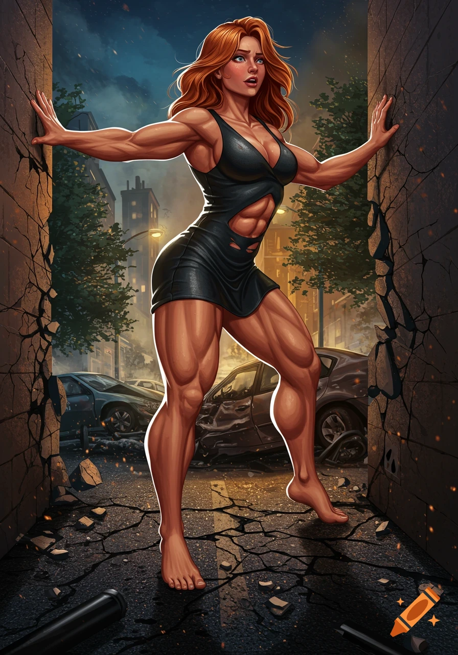 A superstrong, muscular redhead woman in a black dress pushes against a cracking wall in a destroyed city street at night, digital art.