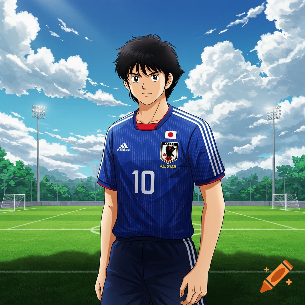 A young male anime character in a blue Japanese soccer jersey with the number 10, standing on a soccer field.
