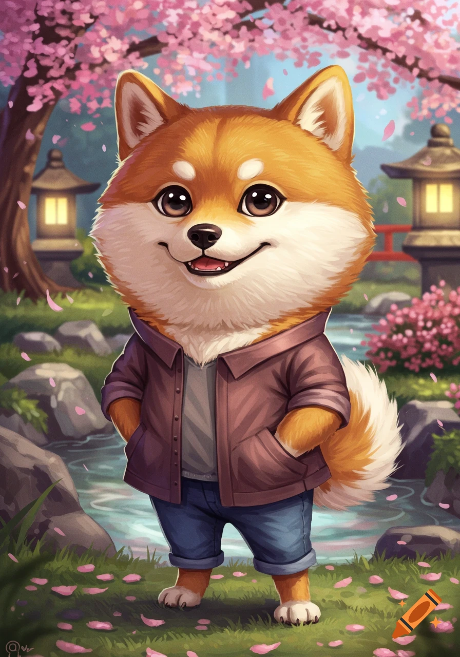 A cute, smiling cartoon Shiba Inu wearing a brown jacket and blue jeans, standing in a cherry blossom garden with falling pink petals and a stream.