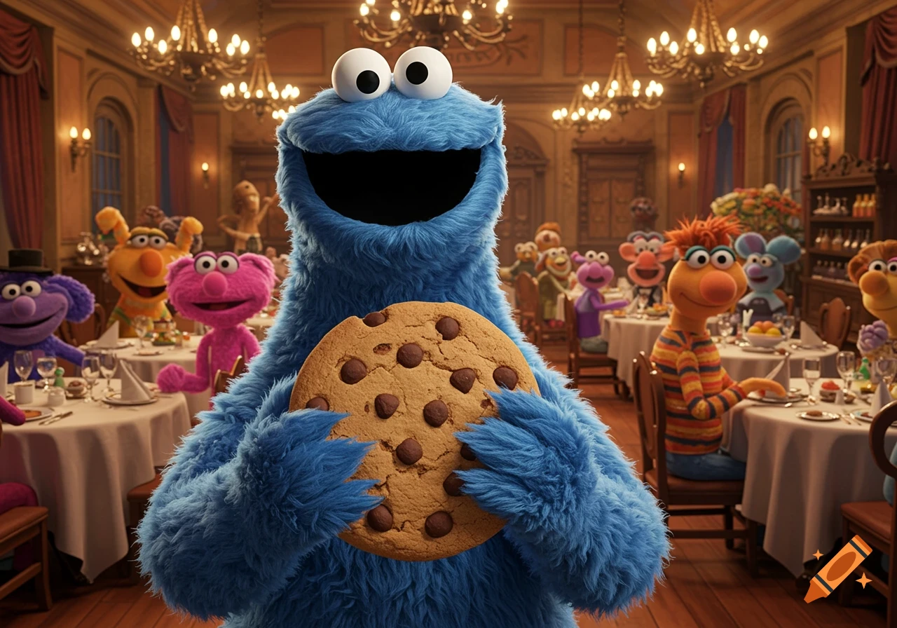 Cookie Monster happily holding a large chocolate chip cookie in a fancy dining room filled with other puppet characters.