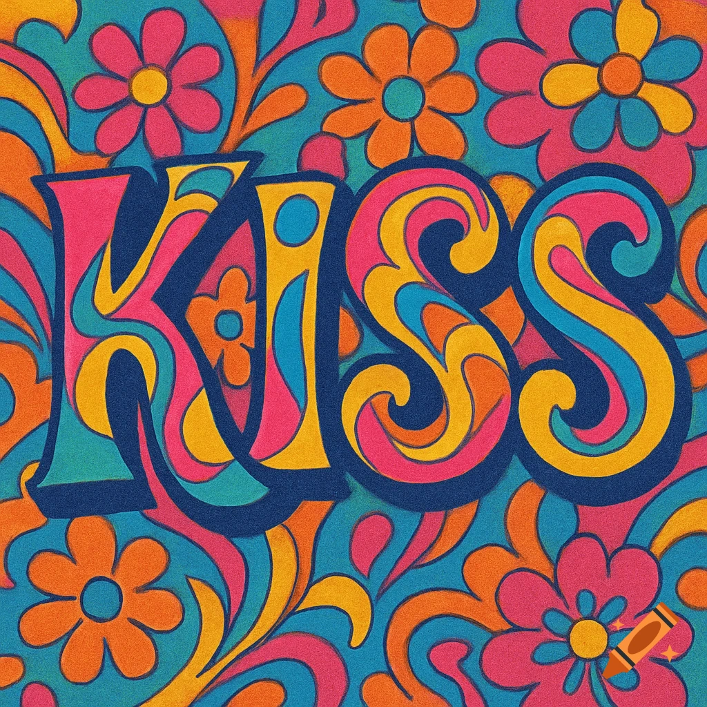 Psychedelic 1960s style art featuring the word KISS in a vibrant, curvy font with colorful flowers.