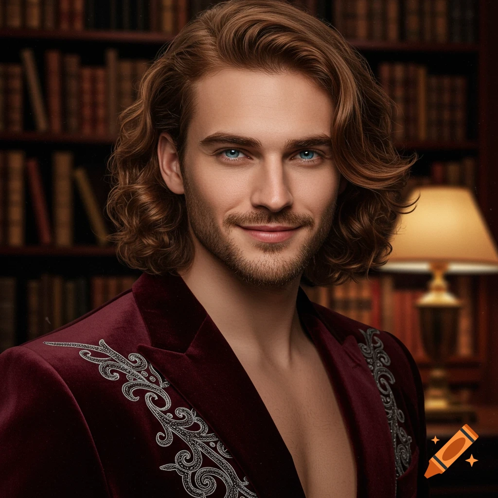 Photorealistic portrait of a man with long reddish-brown hair and blue eyes, smiling, wearing a deep red velvet jacket, in front of a bookcase.