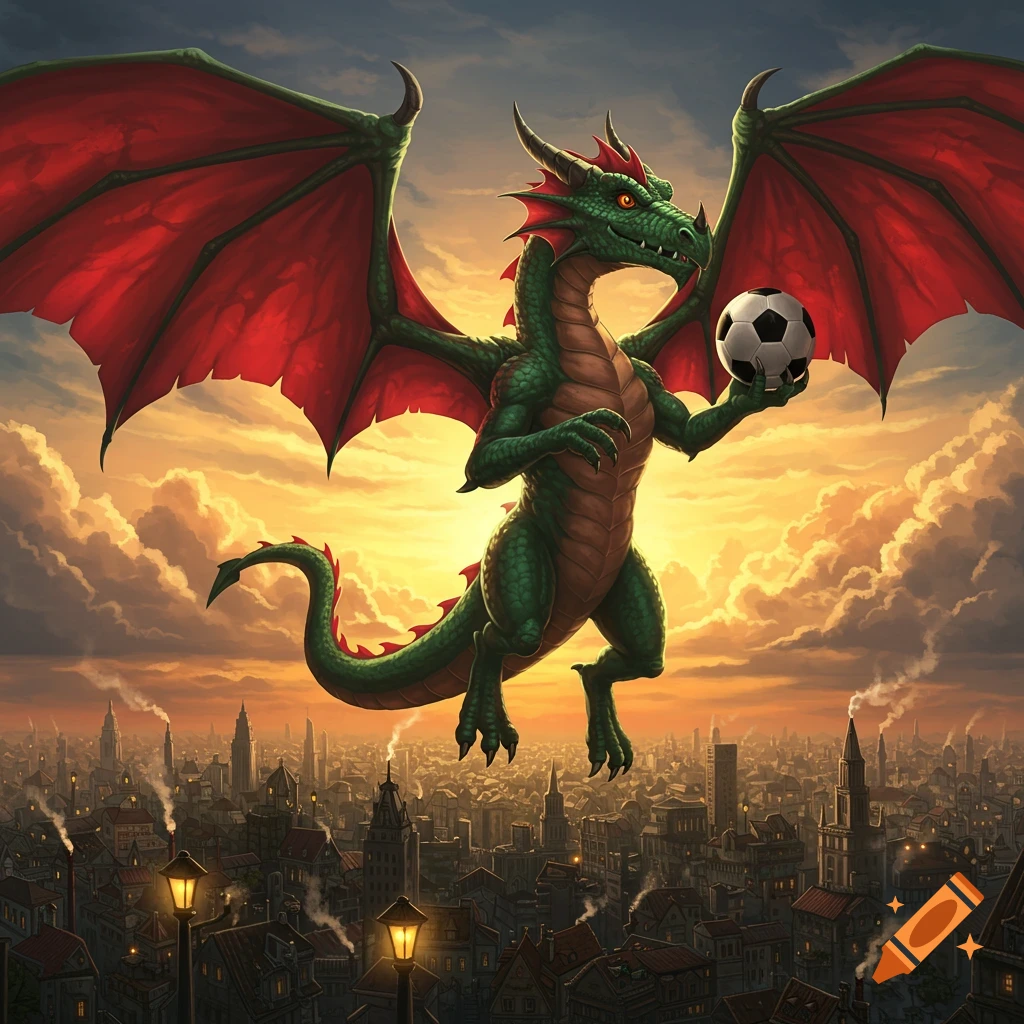 A green dragon with red wings holds a soccer ball as it flies over a detailed city at sunset.