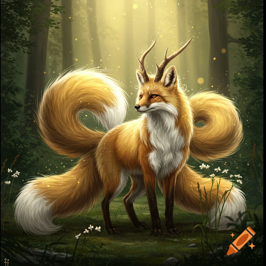 A majestic golden and white fox-like creature with antlers and multiple bushy tails stands in a mystical, sunlit forest.