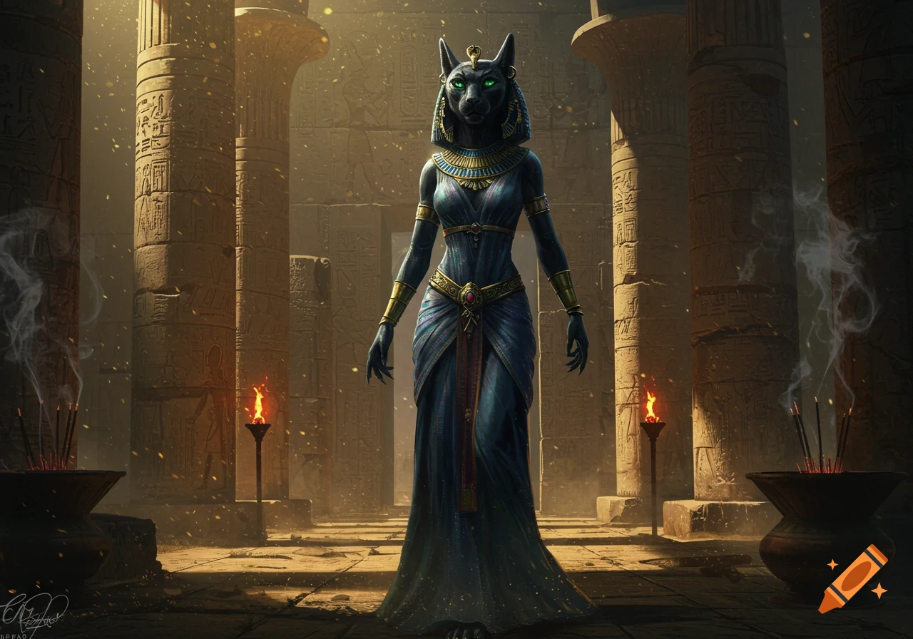 An anthropomorphic cat goddess, Bastet, in elaborate ancient Egyptian attire stands in a torch-lit temple with hieroglyph-carved columns.