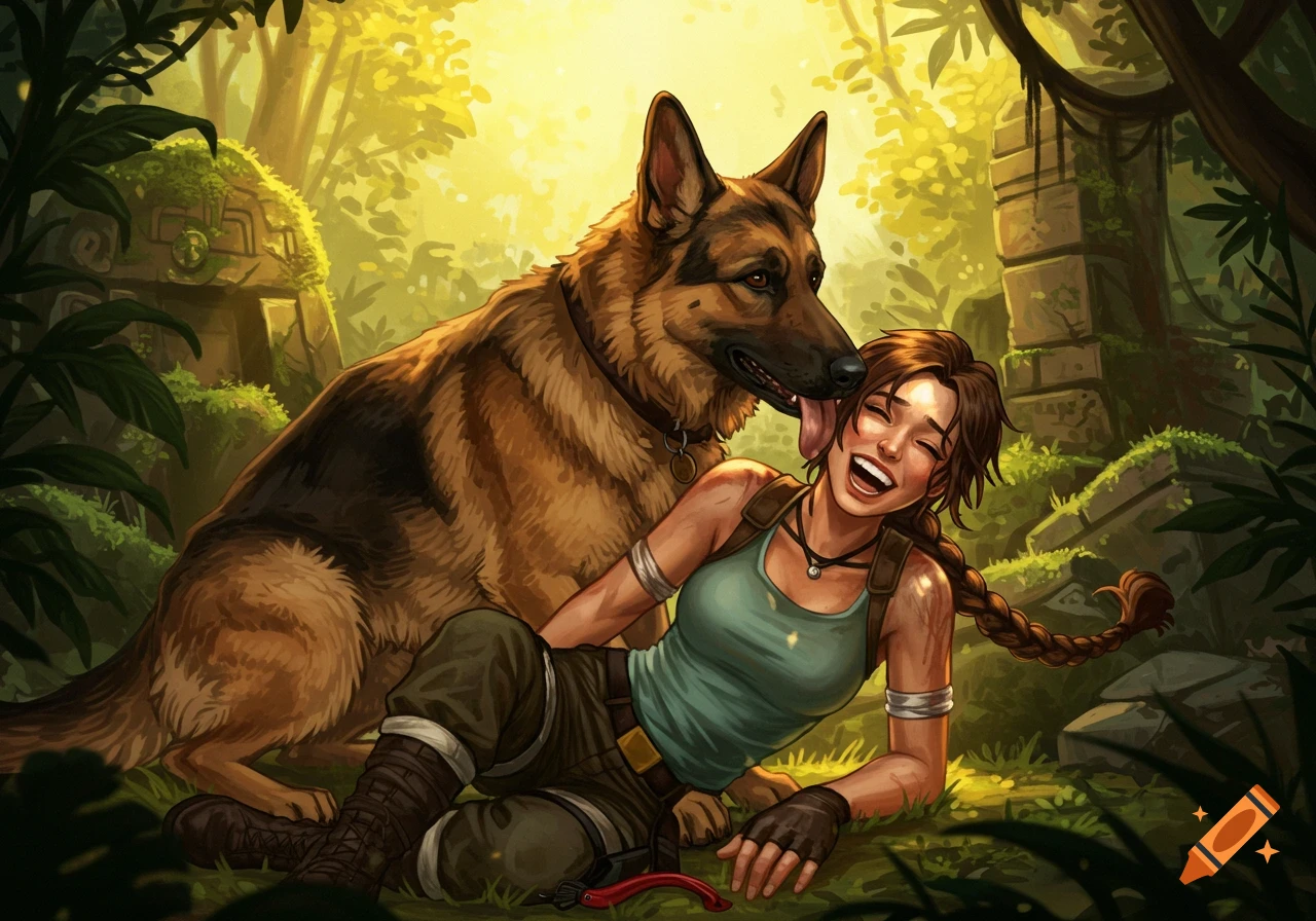 Illustrated scene of Lara Croft laughing while lying on her back as a German Shepherd licks her face in a lush jungle with ancient ruins.