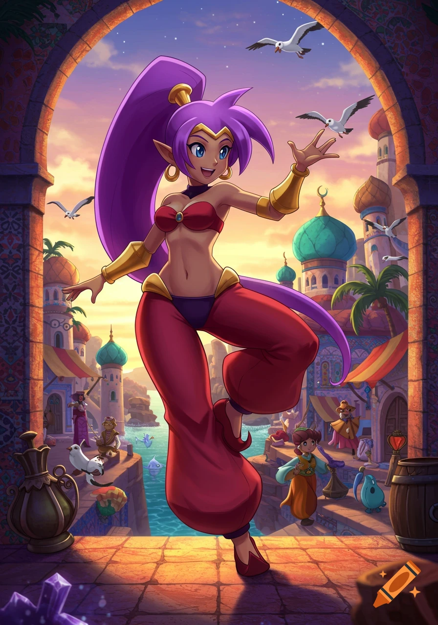 Stylized colorful digital art of Shantae, a purple-haired genie, posing in an Arabian-style town at sunset with birds flying.