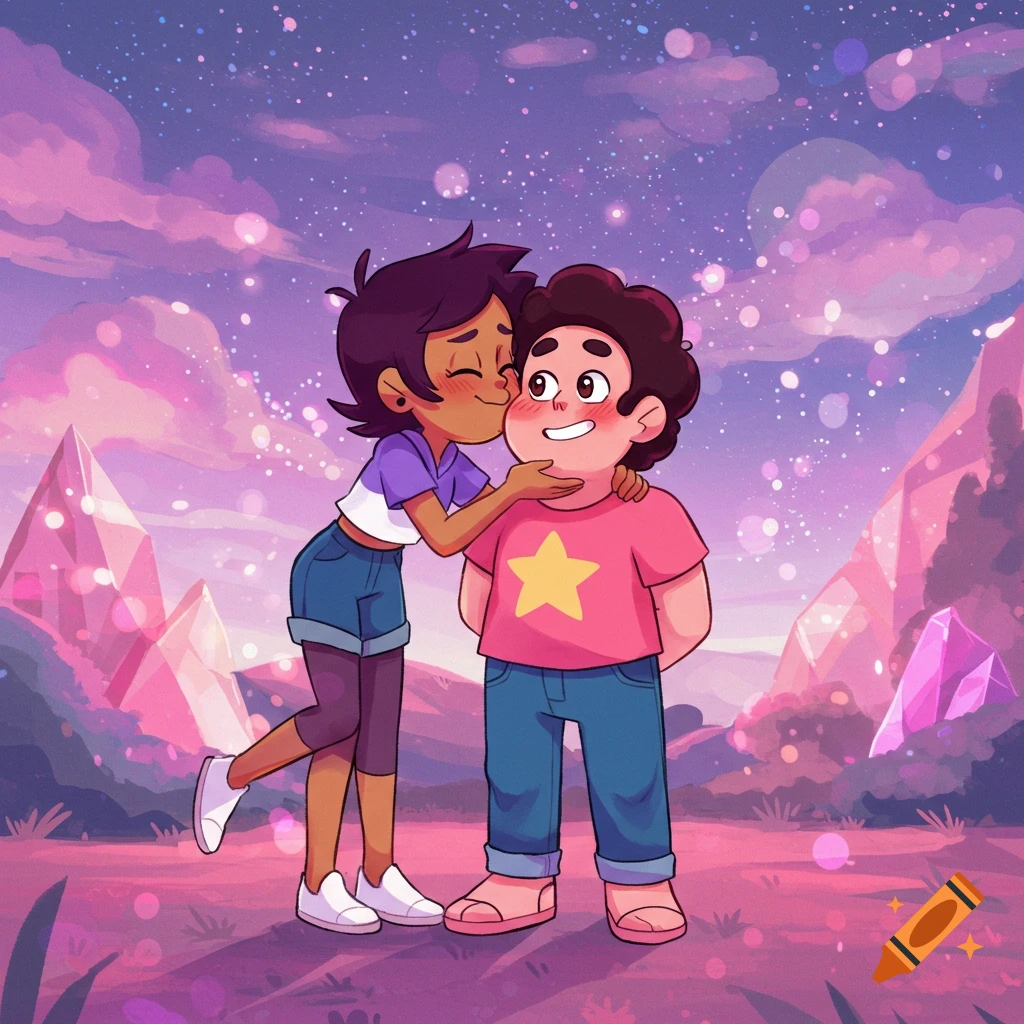 Luz Noceda kisses Steven Universe's cheek in a vibrant, starry landscape with pink crystals, in a cartoon art style.