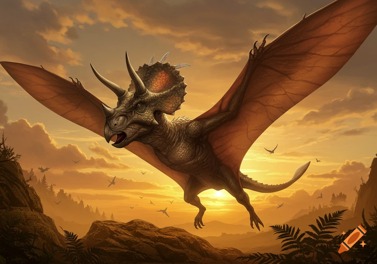 A creature with a triceratops head and pterodactyl wings flies over a prehistoric landscape at sunset.