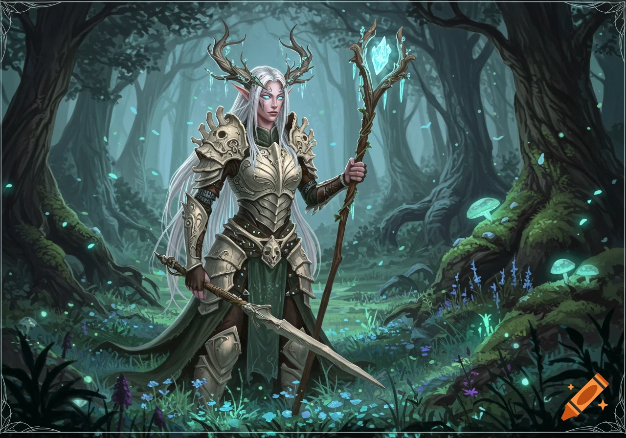A female elf druid with white hair, glowing eyes, and antlers stands in a magical forest, wearing bone armor and holding a sword and crystal staff.