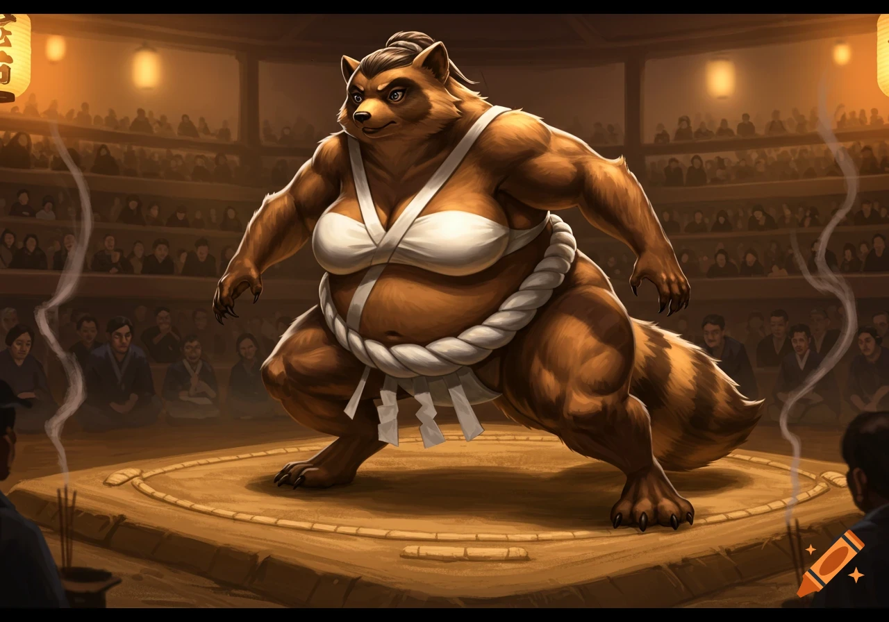 A strong female tanuki sumo wrestler poses in a sumo ring, surrounded by spectators, in a digital art style.