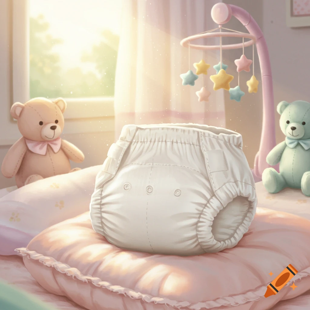 A white cloth diaper rests on a pink pillow in a brightly lit nursery with teddy bears and a baby mobile in the background.