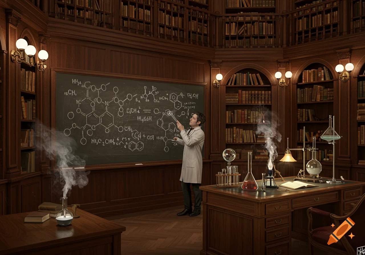 A man in a lab coat teaches chemistry from a blackboard in a grand, wood-paneled library with smoking beakers on a desk.
