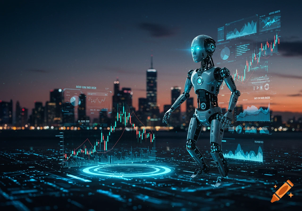 A sleek humanoid robot stands on a glowing digital circuit board foregrounded by holographic financial charts, with a city skyline at dusk in the background.