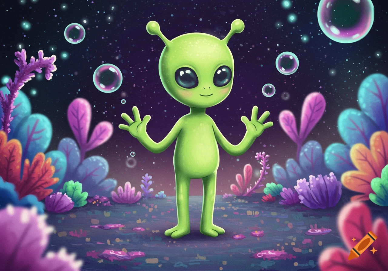 A cute green cartoon alien stands in a vibrant alien landscape with colorful plants, bubbles, and a starry night sky.