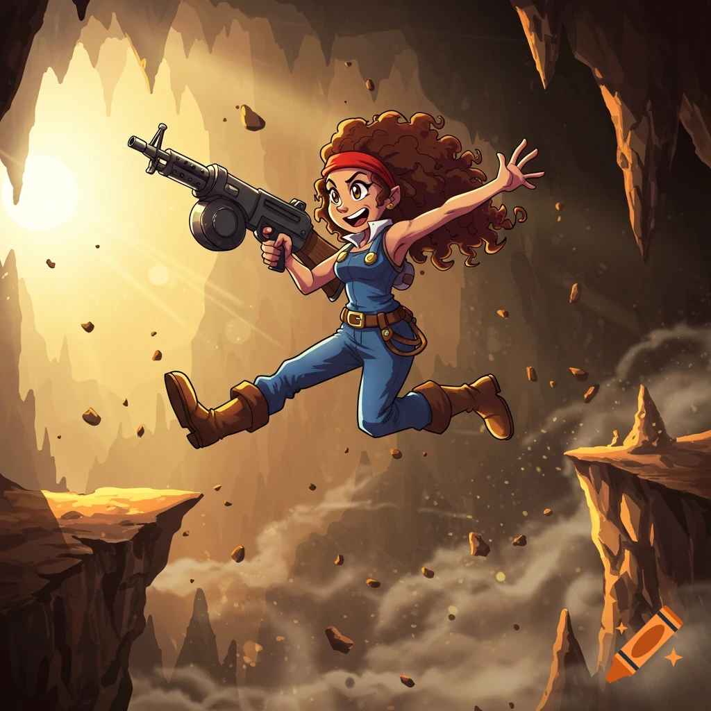 Cartoon character Curly Brace jumps across a cave chasm, holding a machine gun with one hand and the other raised, in a bright, action-packed scene.