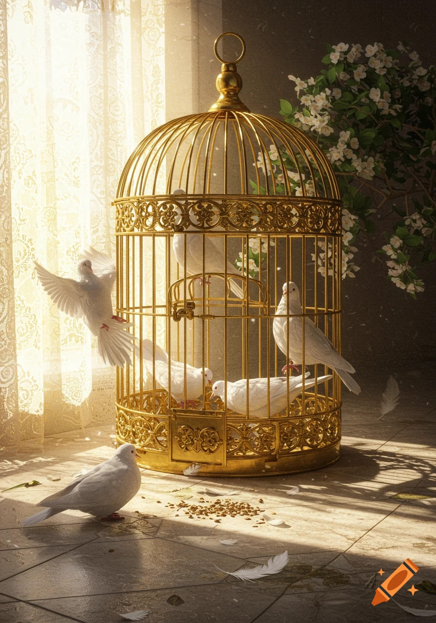 White doves around and inside a golden birdcage, bathed in warm sunlight from a lace curtain, with birdseed and feathers on the floor.