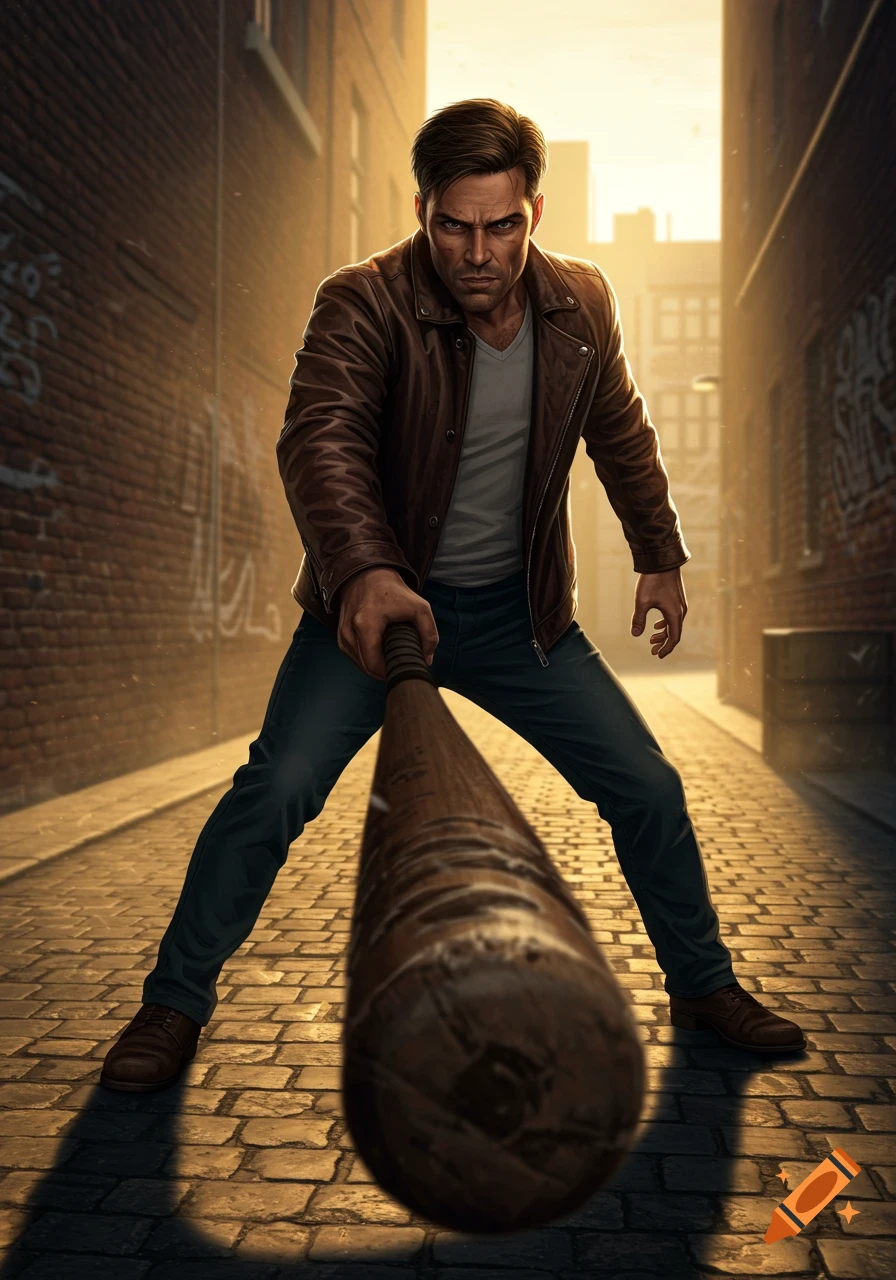 A man in a brown leather jacket and jeans points a baseball bat forward from a low angle in a dark urban alley at sunset.
