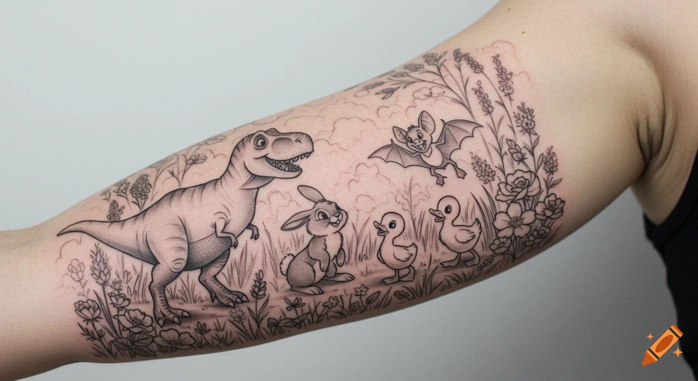 A black and grey tattoo on a forearm depicting a cheerful T-Rex, a bunny, a bat, and two ducklings in a meadow with flowers.