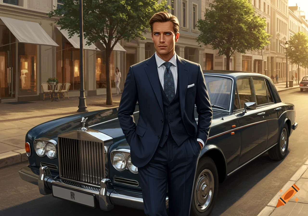 A man in a dark suit stands next to a classic dark blue car on a sunny city street. The man has slicked-back brown hair and striking blue eyes, looking directly ahead.