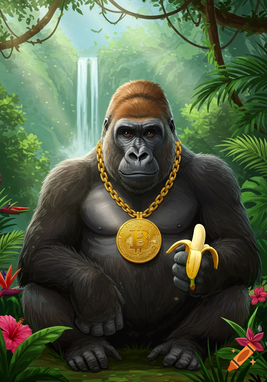 Illustrated gorilla wearing a golden Bitcoin chain, holding a peeled banana in a jungle with a waterfall.