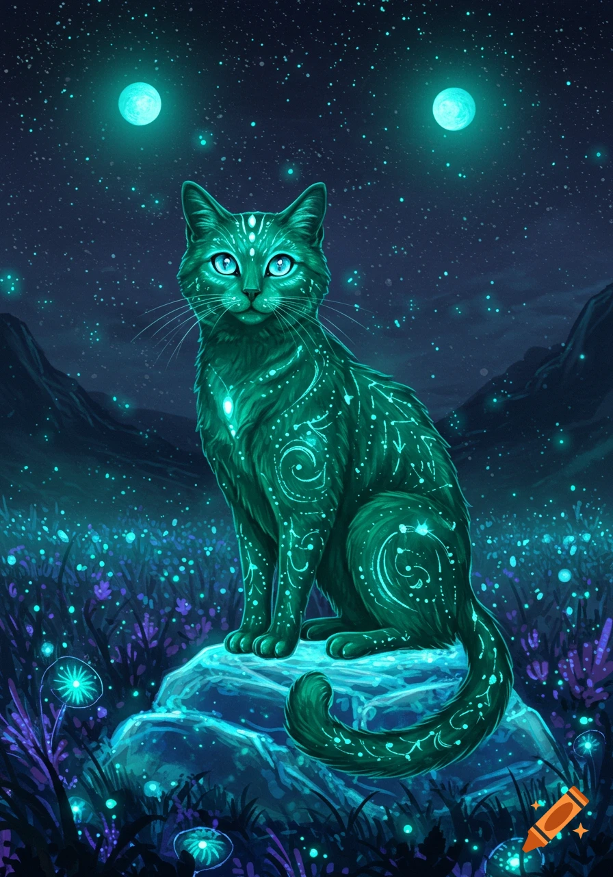 A glowing green cat with luminous patterns sits on a rock under two moons in a starry, mystical night landscape with glowing plants.