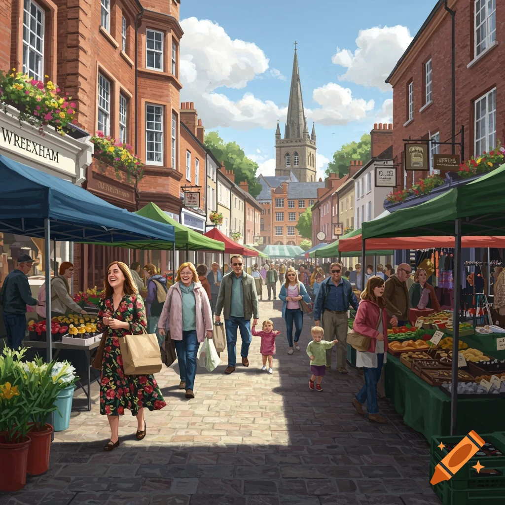 A vibrant, detailed illustration of a bustling outdoor market street in Wrexham, with shoppers, stalls, and old brick buildings under a blue sky.