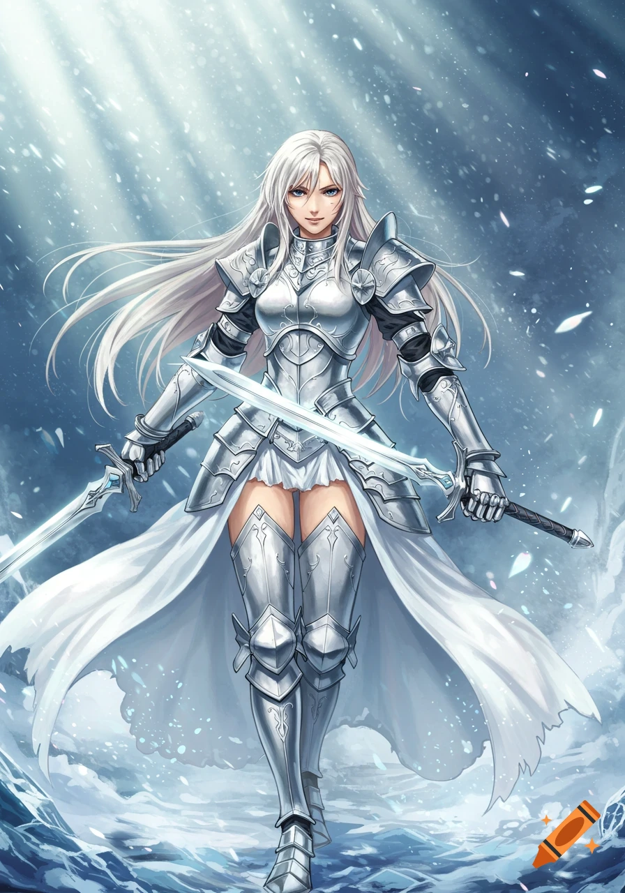 An anime woman in silver armor and white cape, holding two swords in a snowy, luminous fantasy landscape.