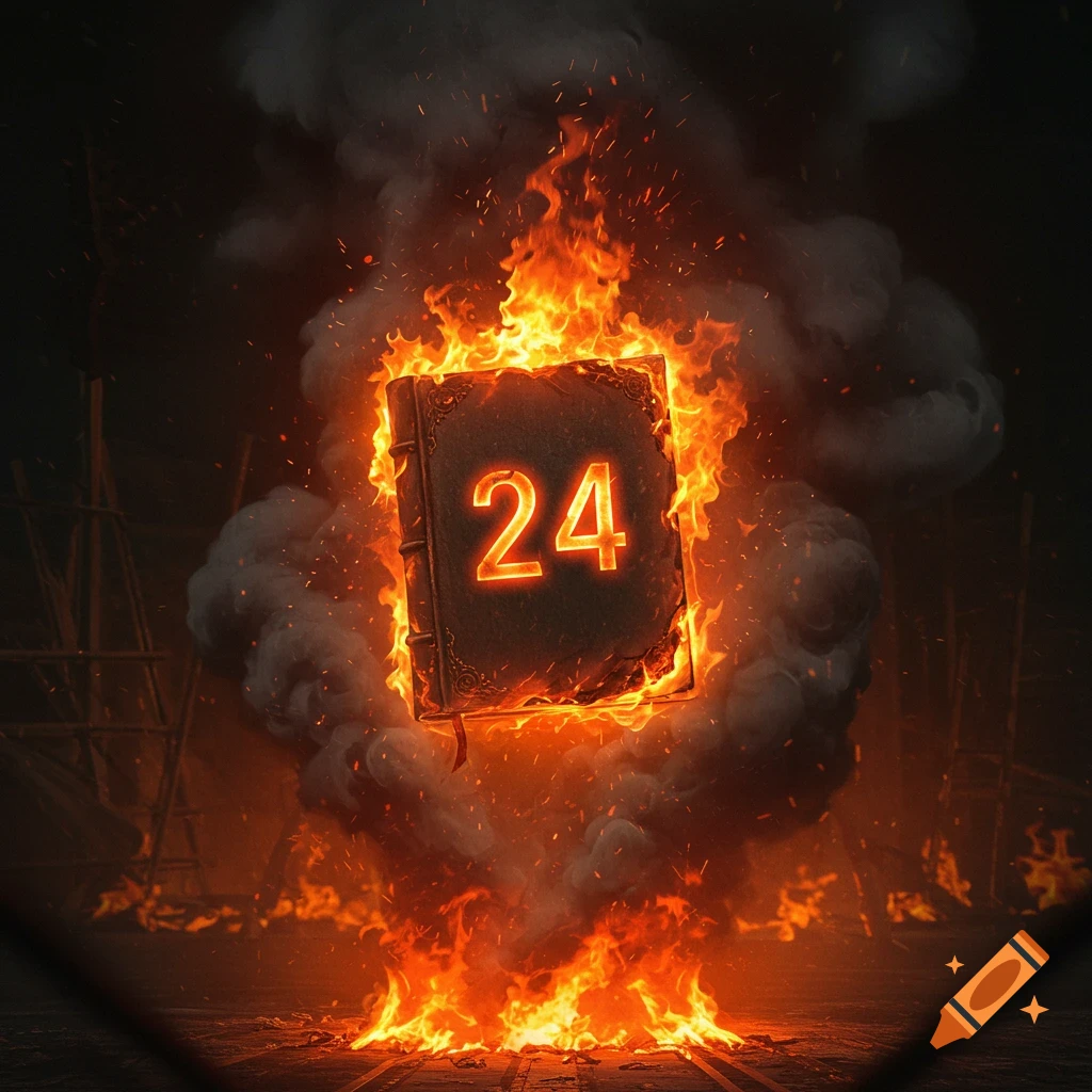 A burning book with the number 24 glowing on its cover floats amidst smoke and flames in a dark, fiery scene.