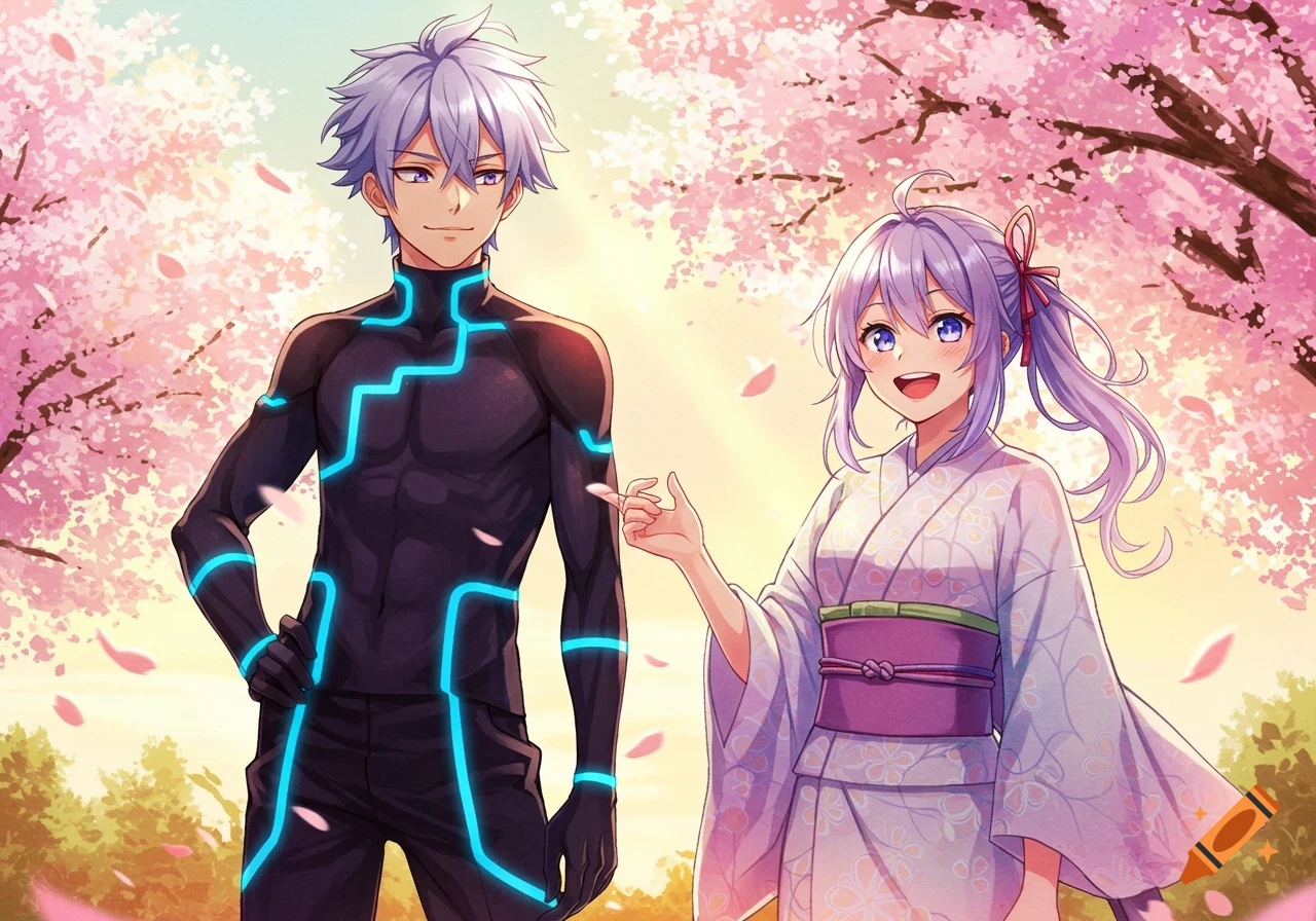 An anime boy in a futuristic black suit with blue glowing lines stands next to an anime girl in a light purple kimono under pink cherry blossom trees.