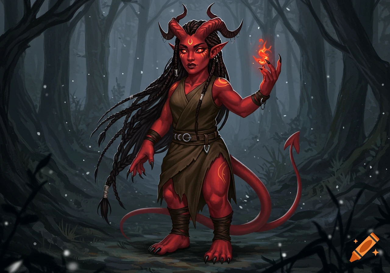 A red-skinned halfling tiefling woman with long black braids, horns, and a tail stands in a dark forest, holding a small flame.